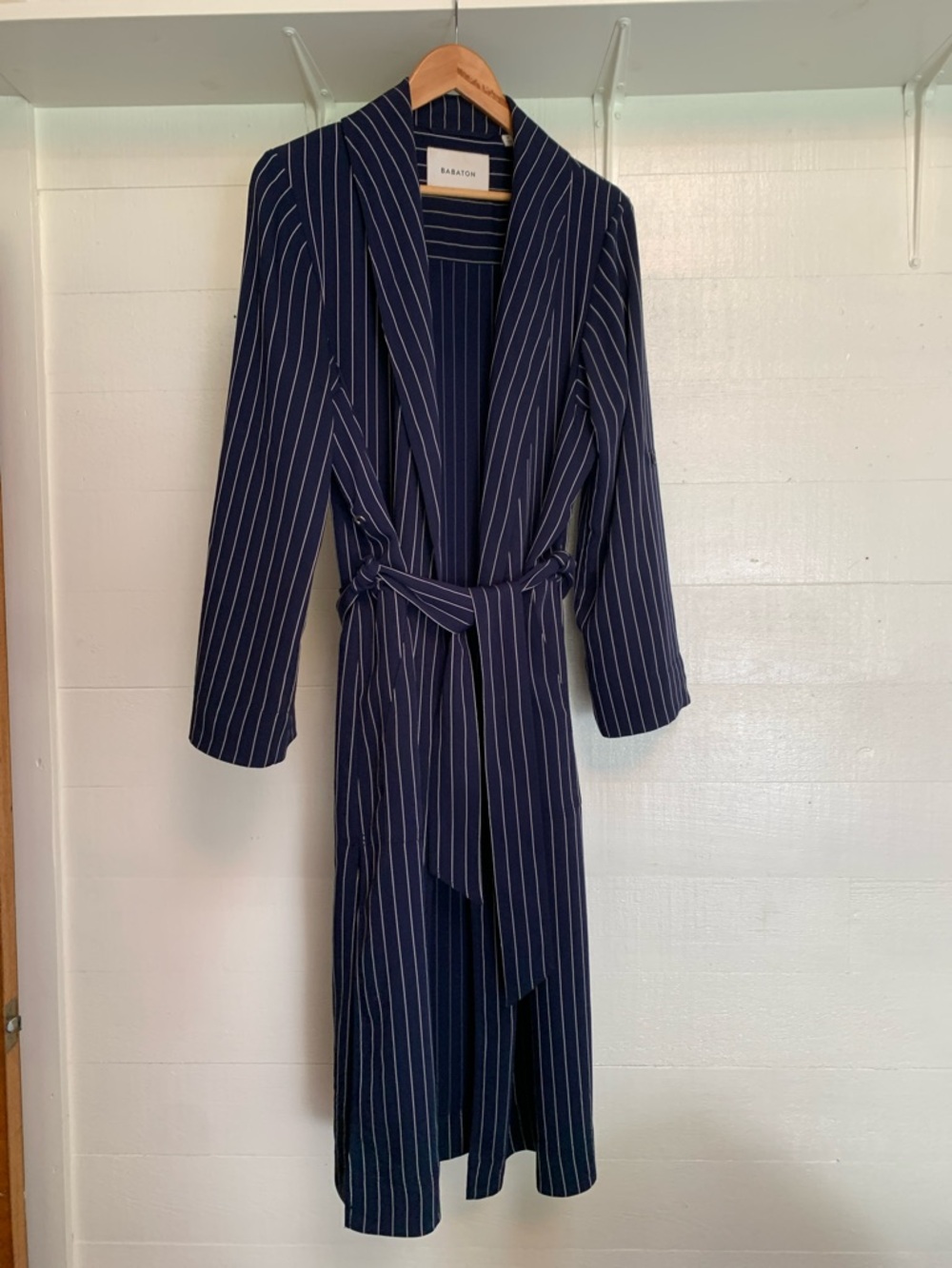 Babaton Navy and White Pinstripe Long Belted Trench